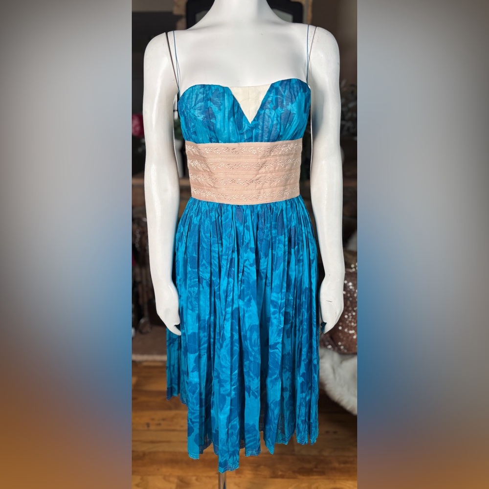 Alessandro Dell’Acqua Handpainted Turquoise & Tan Floral Bustier Dress, Sz 6